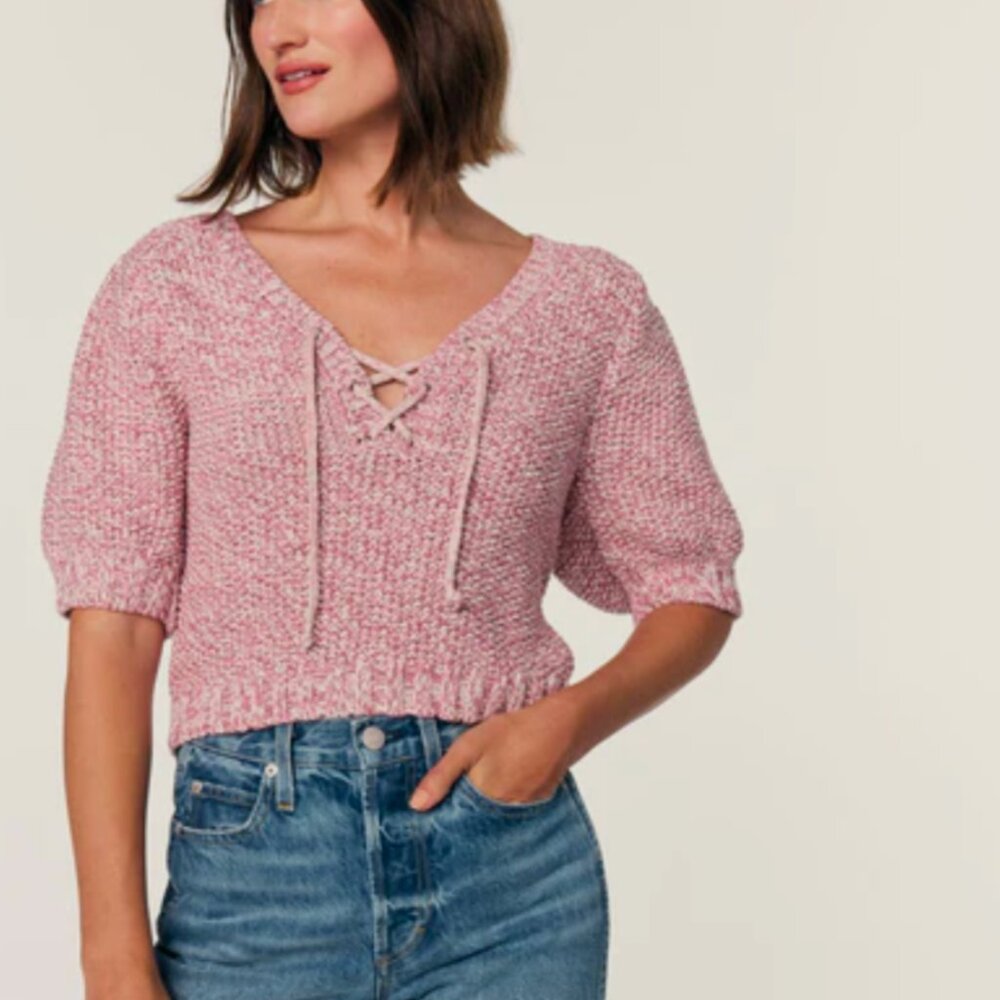 AMO Aviva Short Sleeve Sweater in Natural/Pink Marled
